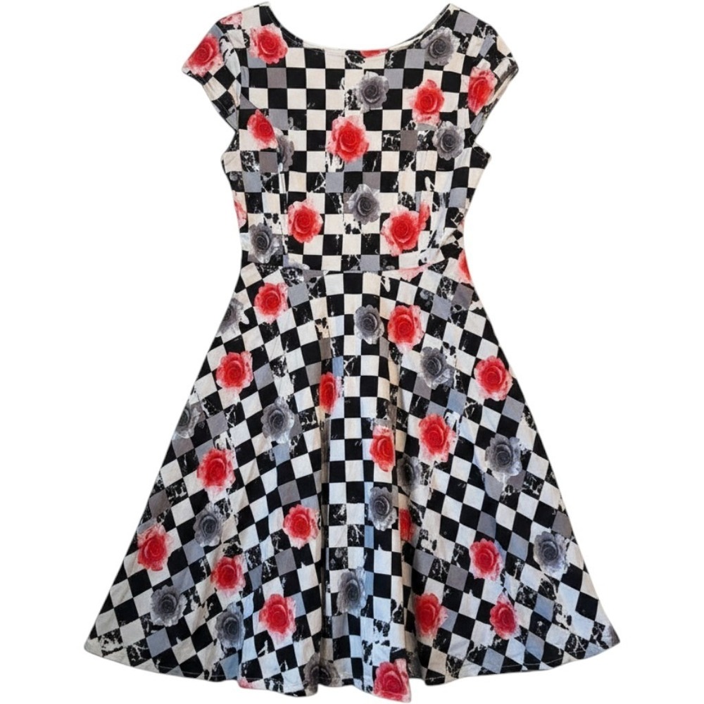 Blue Enchantment Fit and Flare Dress Rose Checkered XXL Black White Rockabilly